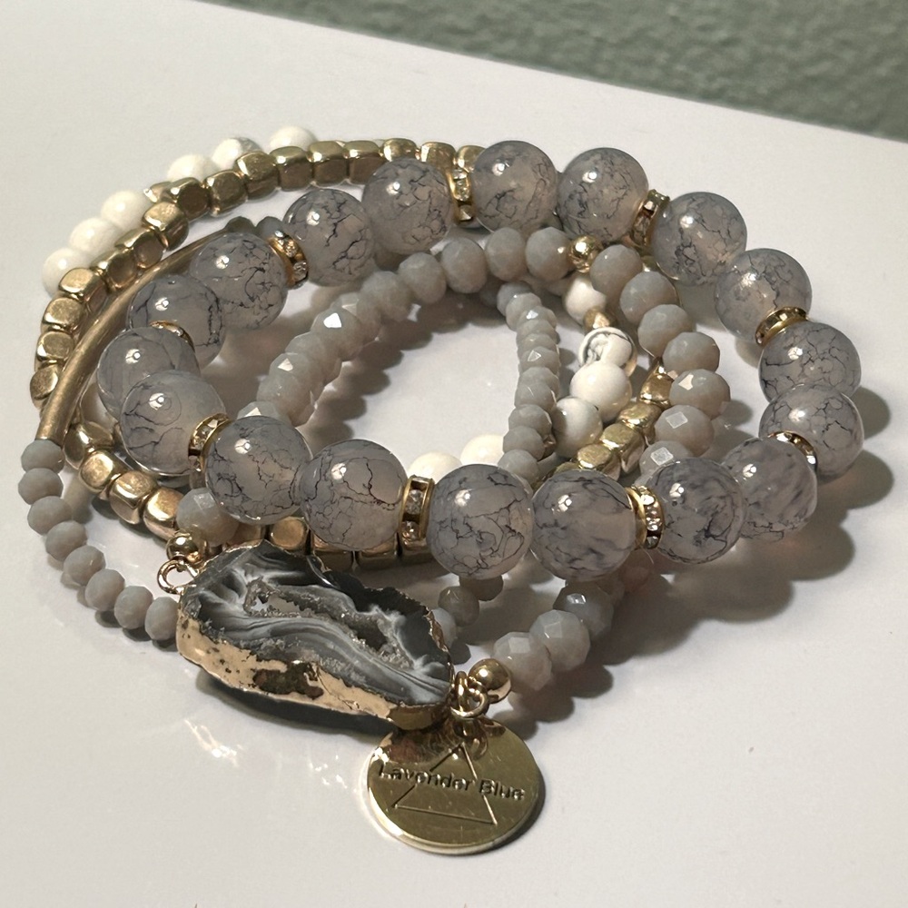 Lavender Blue Brand Gray and Gold Beaded Bracelet Stack